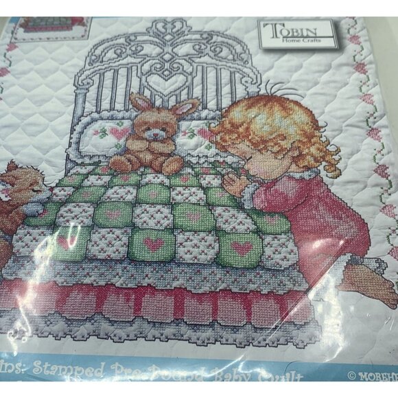 Tobin baby Quilt Cross Stitch Kit-36x43” T21701 NOS praying girl kitten rabbit - Picture 2 of 11